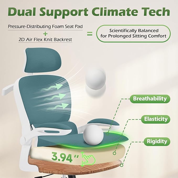 Office Chair Ergonomic Desk Chairs with Adjustable Lumbar Support& Headrest Hanger, High Back Breathable Mesh Chair with Wheels, Rolling Swivel Comfy Task Computer Chair for Home Work Gaming