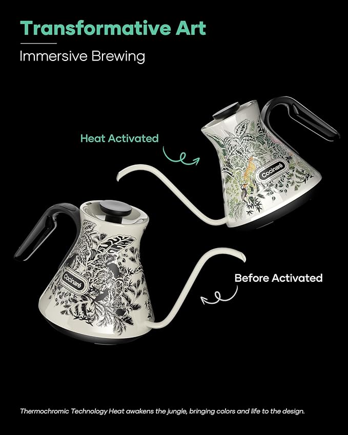 Cocinare FLOW M6 Pro Electric Gooseneck Kettle with Color-Changing Design, ±0.5℉ Temperature Control for Pour-over Coffee & Tea, Stainless Steel Interior, Quick Heating for Boiling Water (Jungle)