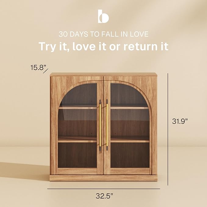 BELLEZE Set of 3 Modular Sideboard with Arched Glass Door, Accent Display Buffet Cabinet with Storage and Adjustable Shelves,Classic Modern Credenza for Dining Room Living Room Entryway (Camel)