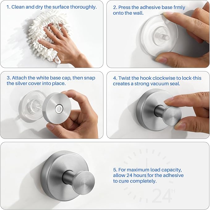 Suction Cup Hooks Stainless Steel Shower Hooks No Drill Towel Hooks Removable Wreath Hanger for Front Door, Bathroom Wall, Kitchen, Glass, Mirror (2 Pack)