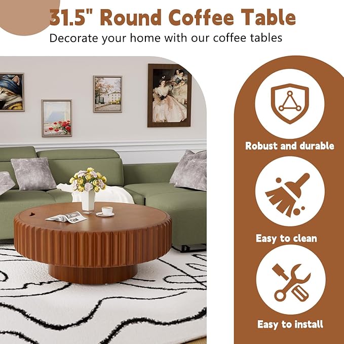 Round Drum Coffee Table with Storage Modern Coffee Table with Solid Wood Veneered Circle Center Table Accent Tea Table for Living Room Apartment Small Space (31.5in)