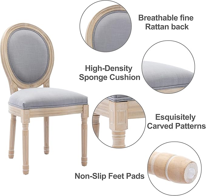 Nrizc French Dining Chairs Set of 6, French Country Dining Chairs, Vintage Farmhouse Dining Chair with Round Back, Solid Wood Beige Fabric Dining Room Chairs, for Kitchen, Bedroom, Dining Room