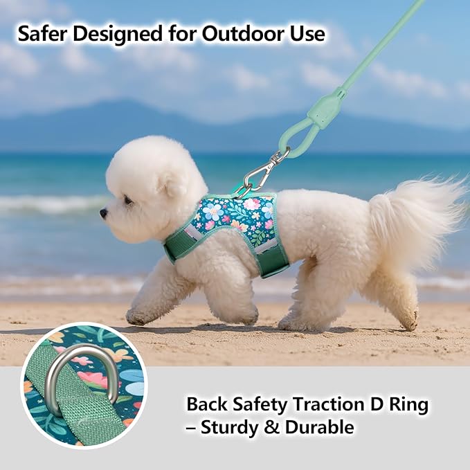 Dog Harness for Small Sized Dog,Hook-and-Loop Easy On/Off, Reflective Adjustable Soft Mesh Vest for Puppy (Green Floral Print,XS)
