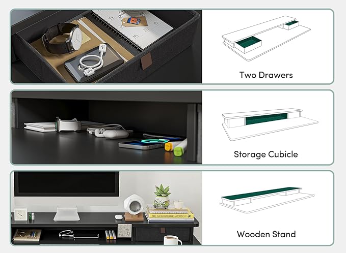 FEZIBO 63 x 28 Inch Deeper Height Adjustable Electric Standing Desk with Double Drawers, Sit Stand Up, Home Office Computer Desk with 4 Height-Adjustable Feets & 2 Hooks, Black Frame/Black Top