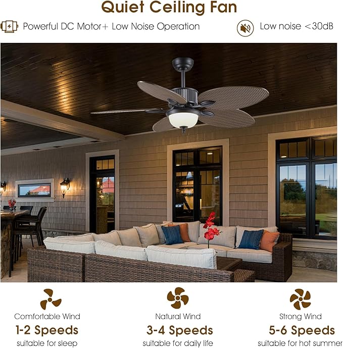 50 Inch Tropical Ceiling Fans with Lights and Remote/APP Control, Outdoor Waterproof Palm Leaf Ceiling Fan for Patios Porches, Wet Rated, Glass Lampshade, 6 Speeds, Quiet, Dark Brown