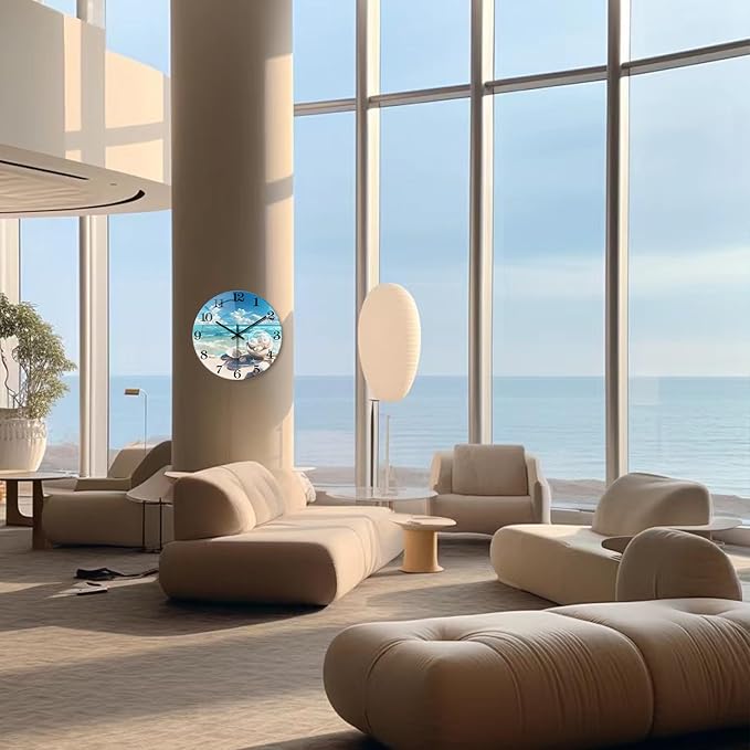 XNM Coastal Glass Clocks Battery Operated 20 Inch Blue Large Wall Clocks for Living Room Decor Round Quiet Wall Clock Modern