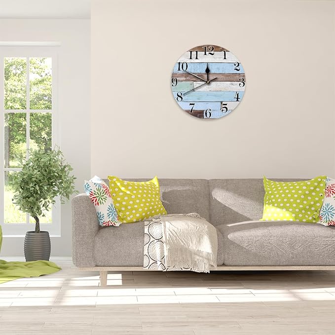 Rustic Coastal Country Wooden Wall Clock Battery Operated 10 in Round Wall Clocks Slilent Non Ticking Quartz Analog Clock for Bedroom Kids Living Room Classroom Decor