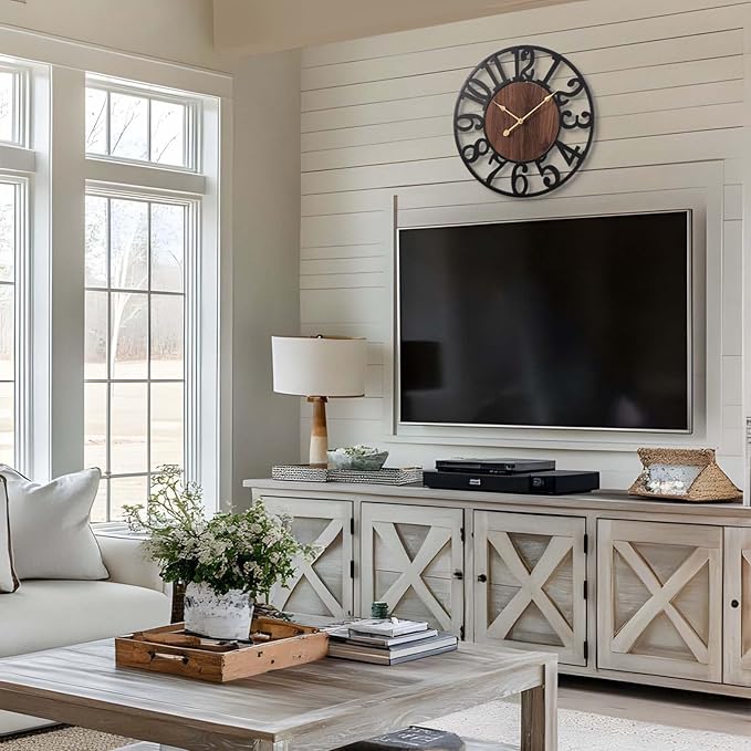 Vantic 24 Inch Large Wall Clock, Arabic Numeral Wood Oversized Wall Clocks for Living Room Decor, Farmhouse, Bedroom and Kitchen, Completely Silent, Non Ticking, Battery Operated