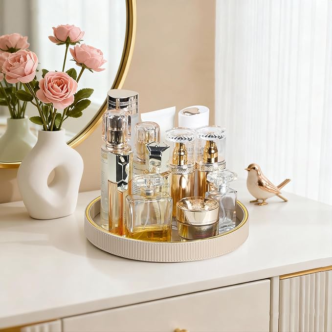 Round Decorative Tray for Coffee Table Decor, PU Leather Coffee Table Tray Golden Trim for Home Decor Living Room Dining Table, Perfume Trays Nightstand Organizer (Beige)