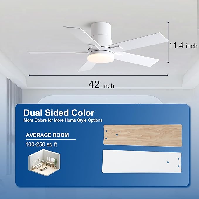 Rayqueen 42 Inch Ceiling Fans with Lights and Remote, Flush Mount White Ceiling Fan, 6 Speed Reversible DC Motor, 3CCT Dimmable LED-Low Profile Design for Bedroom, Living room & Covered Outdoor