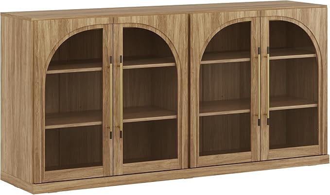 BELLEZE 65" Arched Sideboard with Glass Door, Accent Buffet Cabinet with Storage and Adjustable Shelves, Classic Modern Large Console Table for Dining Room Living Room Entryway (Camel)
