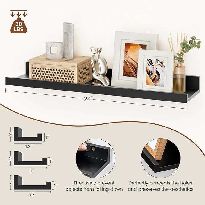 Heimlove Floating Shelves Set of 6, 24" Wall Mounted Picture Ledge, Display Shelf Organizer for Decor Storage, Wall Mounted Shelves for Living Room, Bedroom, Bathroom, Kitchen (Black)