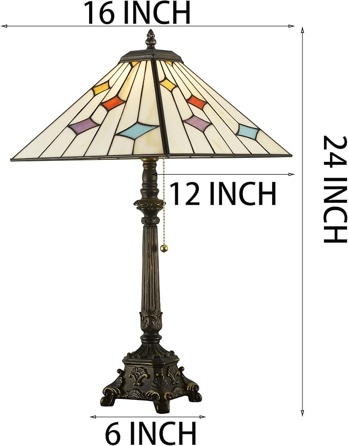 Tiffany Table Lamps White Stained Glass Stripes Checkered Style Mission Desk Lamp 12X12X24 Inch Bronze Resin Base