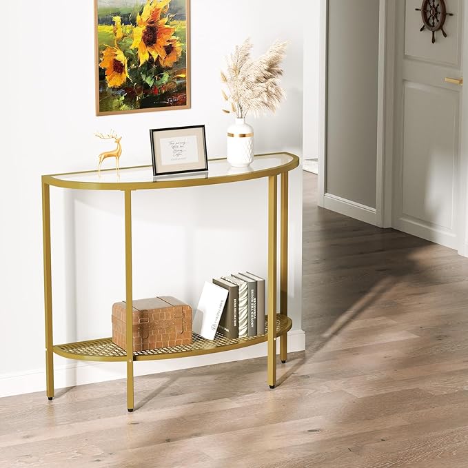 SAYGOER Glass Half Moon Console Table 2 Tier Narrow Entryway Table with Gold Metal Frames, Modern Couch Table Small Entry Way Tables, Easy Assembly, Clear Glass Gold Frames
