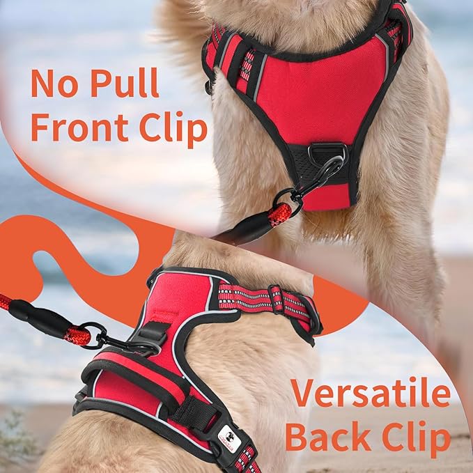 Dog Harness, No-Pull Pet Breathable Harness, Adjustable Soft Padded Dog Vest with 2 Leash Clips, Reflective No-Choke Pet, Easy Control Handle for Large Dogs, Red, S