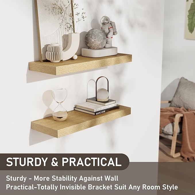 Floating Shelves for Wall, 24 Inch Floating Shelves Set of 2, Wall Mounted Rustic Wood Shelf for Bathroom, Living Room, Bedroom and Kitchen, Hanging Shelf for Storage, Books, Home Decor, Oak