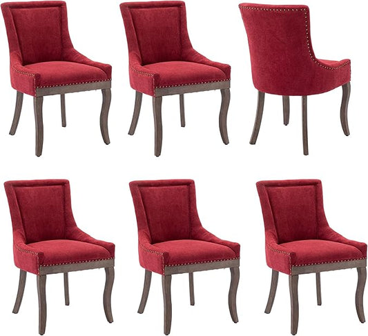 Farmhouse Dining Chairs Set of 6, Upholstered Fabric Dining Room Accent Chairs with Wood Legs & Bronze Nailhead, High Wingback Kitchen Chairs for Living Room Hotel Apartment, Burgundy