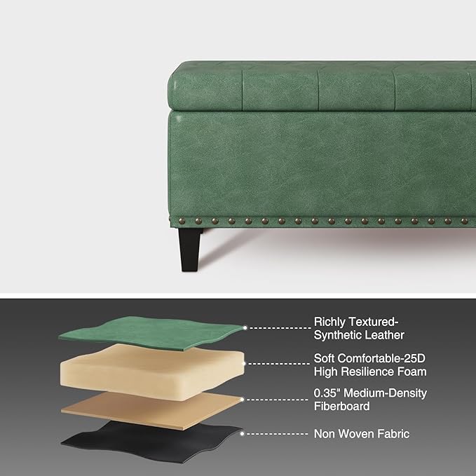 Storage Ottoman Bench,51-Inch Large Storage Bench for Bedroom End of Bed, 30 Gallons Faux Leather Ottoman with Storage for Bedroom, Living Room, Entryway, Hallway,Green