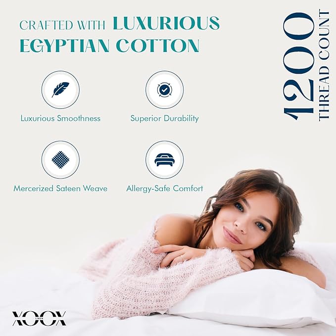 XOOX Linen 100% Egyptian Cotton Pillow Cases Standard/Queen Size Set of 2 - Luxury 1200 Thread Count Sateen White Pillow Cases, Silky Soft Cooling Pillowcases Fits Standard & Queen Size Pillows