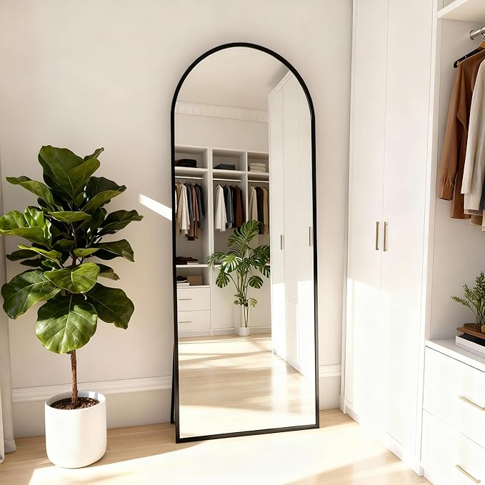 Arched Full Length Mirror,56" L x 15" W Floor Mirror, Aluminum Alloy Frame, Shatterproof Glass - Free Standing, Leaning or Wall Mounted for Bedroom, Living Room, Entryway, Modern Home (Black)