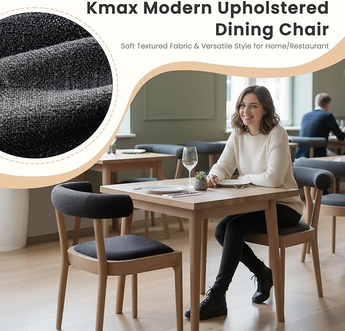 Kmax Dining Room Chairs Mid-Century Modern Fabric Kitchen Chairs with Natural Walnut Finished Frame, Linen Curved Back, Set of 6, Charcoal Black