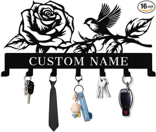 Custom Flower Bird Metal Wall Key Hanger,Personalized Key Hooks with Name,Key Rack Holder Wall Mount for Garden Yard Home,Housewarming Gift Flower