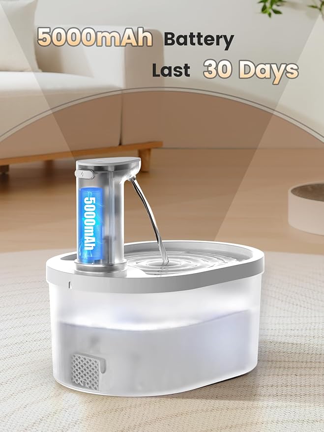 Wireless Cat Fountain, 5000mAh Battery Operated Cat Water Fountain, 101oz/3.2L Rechargeable Automatic Pet Drinking Fountain for Cats Dogs Indoor Outdoor, Ultra Quiet with Replacement Filters