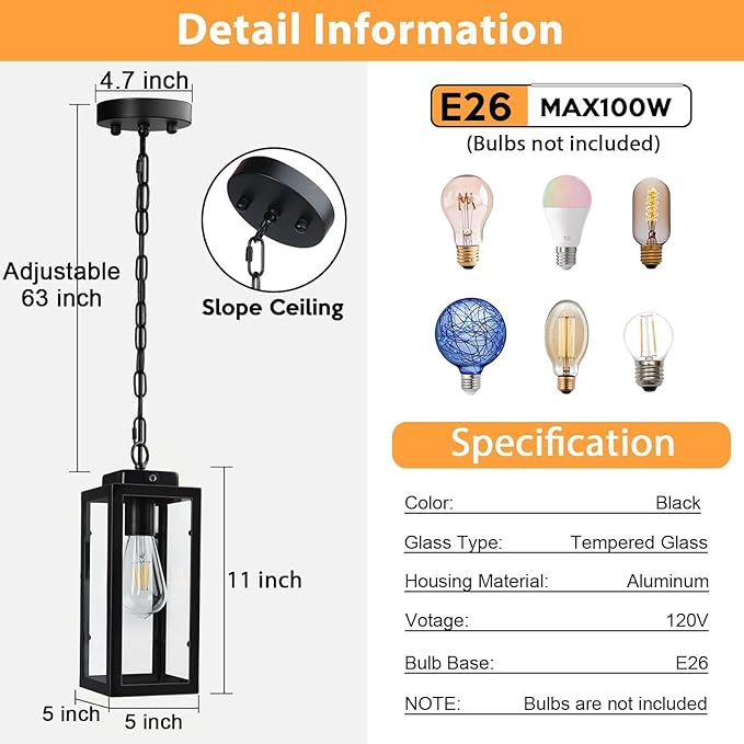 Outdoor Pendant Light Dusk to Dawn, 11'' Porch lights Outdoor Chandelier Hanging Ceiling Lights, Black Aluminum Lightshade with Tempered Glass, Exterior Lighting Fixture for Porch Yard, Gazebo, 1 Pack