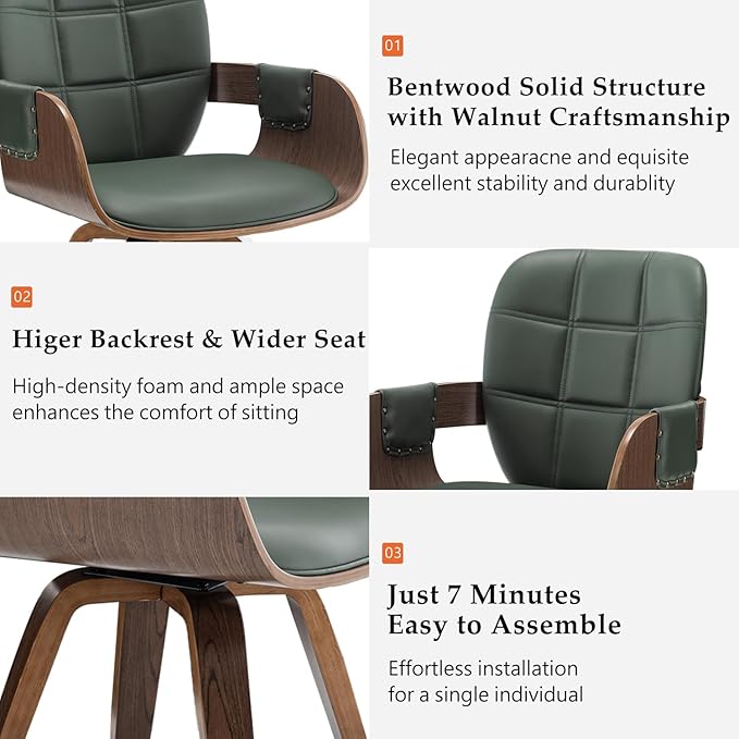Set of 2 MCM dining Chairs - Swivel Faux Leather Dining Chairs with Arms and Curved Back, Bentwood Structure, Walnut Craftsmanship, Versatile for Kitchen/Restaurant/Conference Room (Walnut Green)
