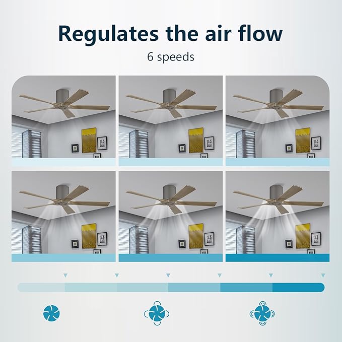 ELEHINSER 52 inch Low Profile Ceiling Fan without Light, 5 Solid Wood Blades, 6-Speed, Quiet DC Motor, Timer, Flush Mount Modern Ceiling Fan No Light with Remote for Living Room Bedroom, Charcoal Grey