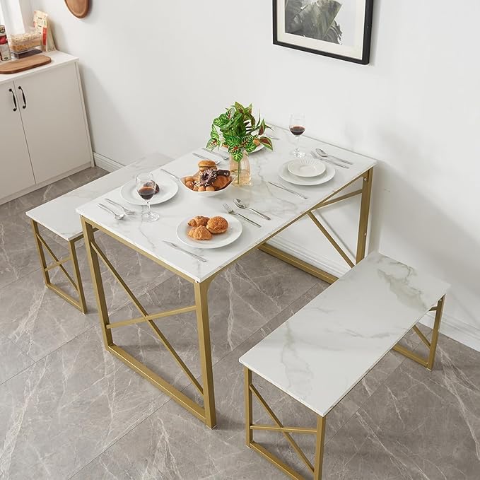 VECELO Kitchen Dining Table Benches Set for 4, 43.3" Wooden Dinette with 2 Benches, Heavy-Duty Dining Room Table for Small Space, Breakfast Nook, Gold