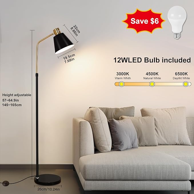 Dimmable Black Vintage Floor Lamps for Living Room Sofa Corner Bedroom Bedside Office,Unique Adjustable Standing Tall Reading Lights with Bright 12W LED Bulb, Modern Industrial Minimalist Home Decor