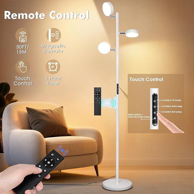 Tree Floor Lamp for Living Room - Modern White Standing Lamp, LED Floor Light with Remote & Touch, 3000K-6000K Dimmable for Bedroom Office Reading (3 Head)