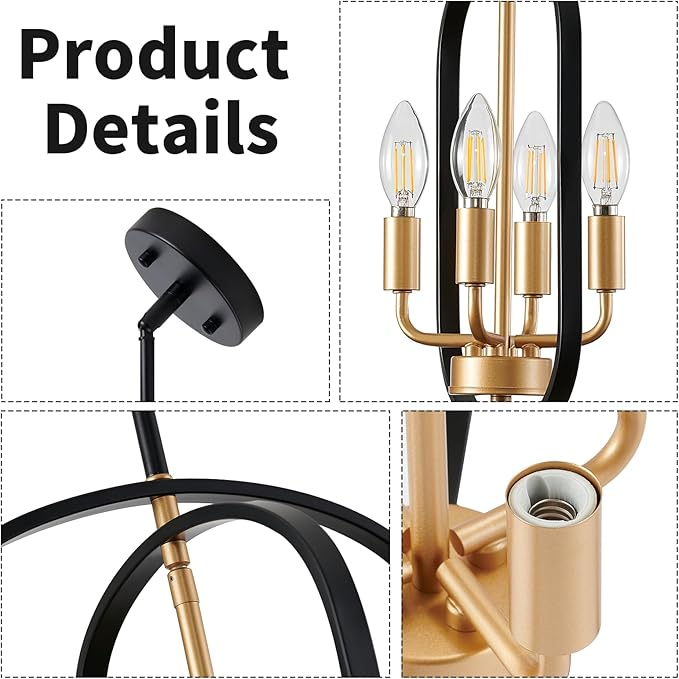 Black and Gold Chandelier Light Fixture, 4-Light Dining Room Chandelier Over Table Farmhouse Rustic Small Entryway Chandeliers Island Pendant Lights for Kitchen Entryway Foyer Living Room