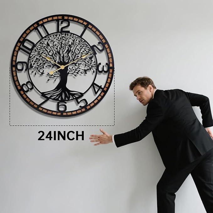Tree of Life Wall Clock, 24Inch Metal Black Family Tree Oversized Wood Wall Clocks for Living Room Bedroom Home Decor, Modern Silent Mid-Century Battery Operated