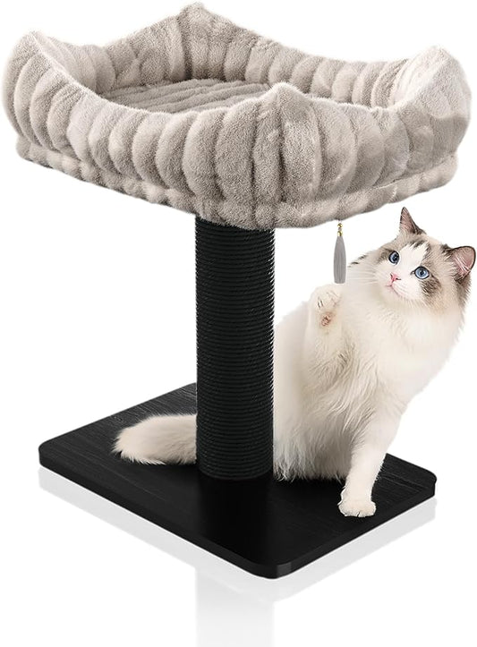 Modern Scratching Post for Indoor Cats - 15” High Cat Scratching Post with Bed Breeds - 15.7” x 11.6” Removable & Washable Cushion (Black Post with Gray Bed)