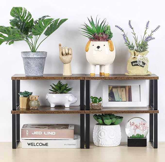 NEX Kitchen Cabinet and Counter Shelf Organizer, Shelf Riser for Pantry Countertop Cupboard Desk Top, Stackable & Expandable, Set of 4, Black and Rustic Brown