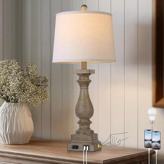 28" Tall Farmhouse Table Lamp with USB C+A Ports and AC Outlet, 3 Way Touch Control Rustic Bedside Lamp for Bedroom, Brown Vintage Nightstand Lamp for Living Room Office