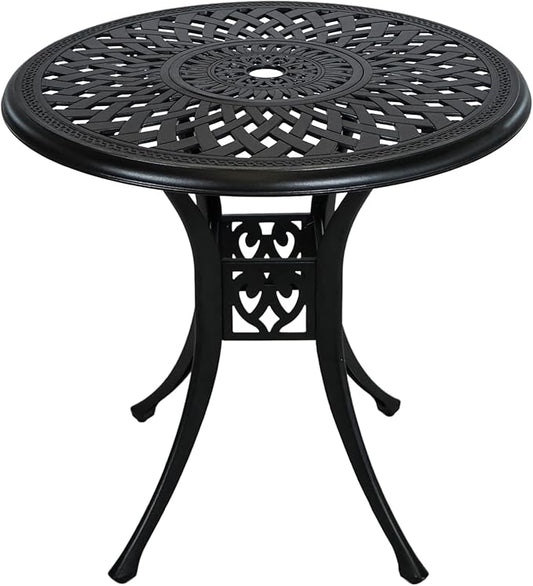 30.3 Inch Round Patio Table Cast Aluminum Patio Table,Metal Patio Dining Table with Umbrella Hole,All Weather Outdoor Bistro Dining Table for Backyard, Garden, Balcony, Black