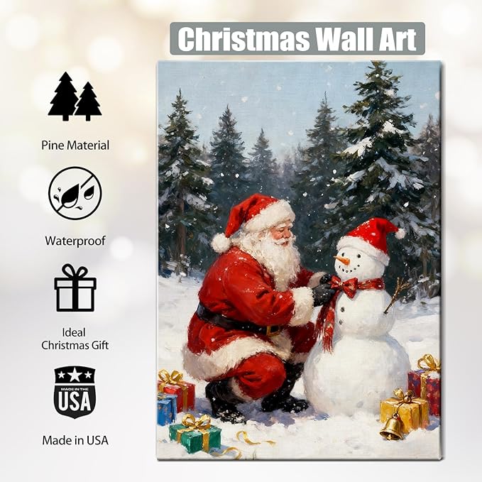 Vintage Santa Claus with Snowman Christmas Canvas Wall Art - Rustic Winter Scene Framed Print for Livingroom & Bedroom, Cozy Farmhouse Christmas Wall Art, Unique Christmas Gifts & Festive Decorations