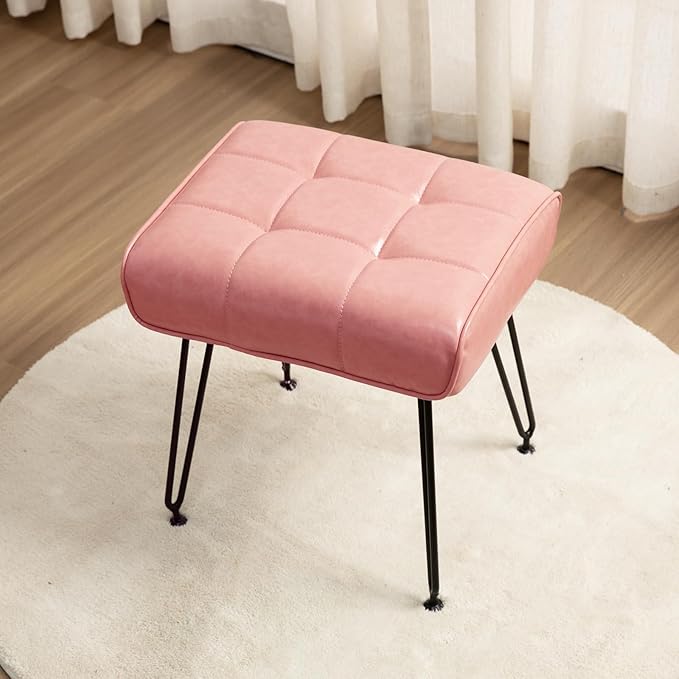 PU Leather Vanity Stools, Vanity Stool Chairs for Makeup Faux Leather Foot Stools Ottoman with Metal Leg Make up Chairs for Vanity Small Bench Seat for Living Room Bedroom (Pink)