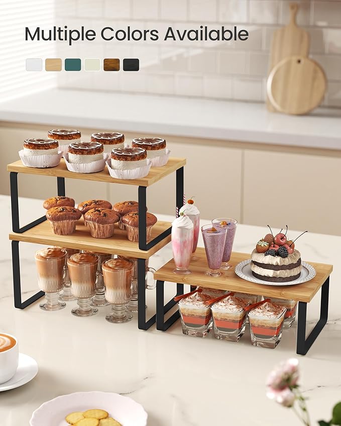 SONGMICS Cabinet Organizer Shelf, Set of 3 Kitchen Counter Shelves, Kitchen Storage, Spice Rack, Stackable, Expandable, Ink Black and Natural Beige UKCS014YL03