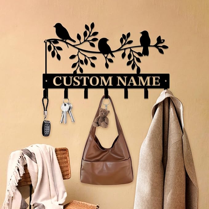 Personalized Custom Name Birds of Trees Wall Key Hooks,Metal Birds of Trees Art Clothes Hooks,Metal Birds of Trees Wall Home Storage Decorative,For Front Door, Hallway, Kitchen, Bedroom(Style H)