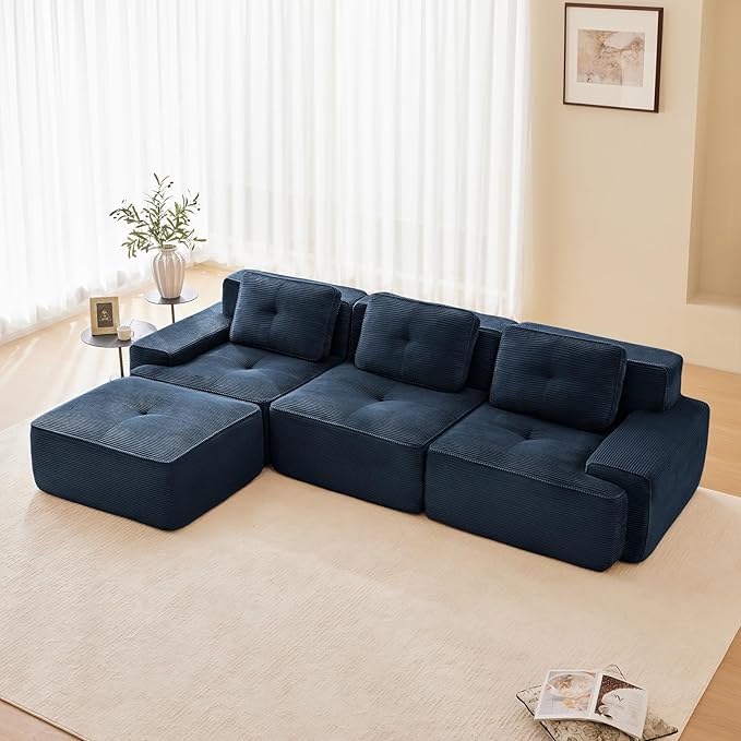 115" Modern Corduroy Cloud Sofa with Ottoman, L Shaped Boneless Modular Large Sectional Couches for Living Room, Blue 3 Seater Compressed Memory Foam Couch, Extra Deep Seat, No Assembly