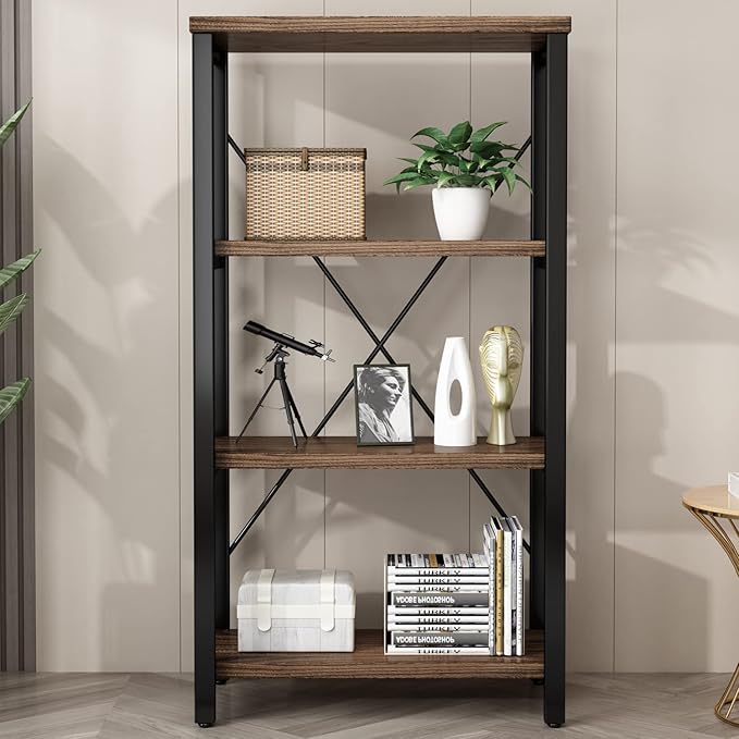 4 Tier Bookshelf, Solid Wood Bookcase Shelf Storage Organizer, Vintage Storage Rack with Open Shelves Rustic Standing Bookshelves for Living Room,Bedroom Rustic Brown(AY01-4tier)