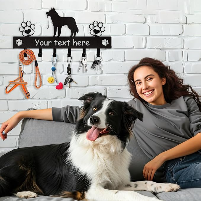 Custom Metal Key Rack Wall Mount with Name, Key Hooks and Dog Leash Holder for Entryway Doorway