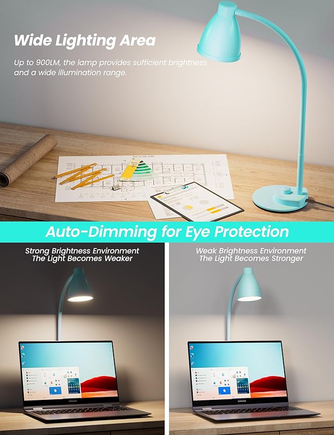 BOHON LED Desk Lamp with USB Charging Port, 3 Color Modes Fully Dimmable Reading Lamp, Auto Dimming Task Lamp, Flexible Neck Table Light for Office Dorm Bedside, Adapter Include, Teal
