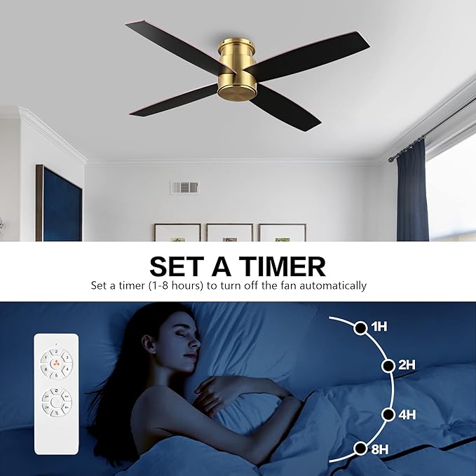 WINGBO 44" Flush Mount DC Ceiling Fan without Lights, 4 Reversible Plywood Blades, Quiet 6-Speed DC Motor, Hugger Low Profile Ceiling Fan No Lights for Bedroom, Brass Finish and Black/White Blades