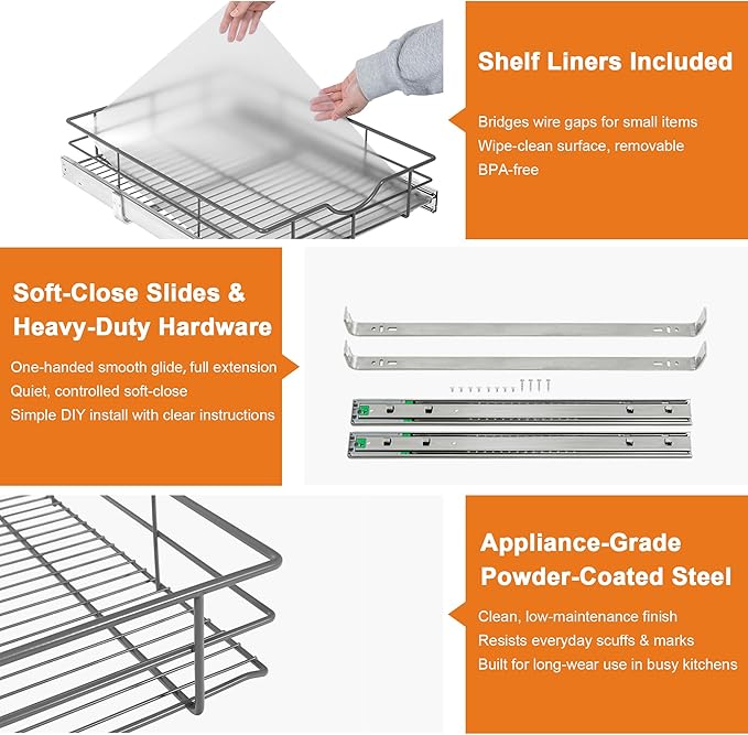 ALINE FURNITURE Pull Out Shelves - 23" W x 22" D Soft Close Pull Out Cabinet Organizer 1 Tier - Slide Out Drawers with Shelf Liner, Heavy Duty Steel Wire Baskets for Kitchen Cabinets, Pantry, Bathroom