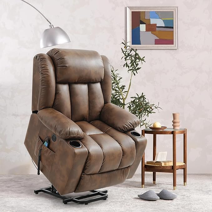 PARKOL Power Lift Recliner Chair for Elderly Breathable Leather Recliner Chair with Massage and Heat for People Limited Mobility (Ochre, Small)